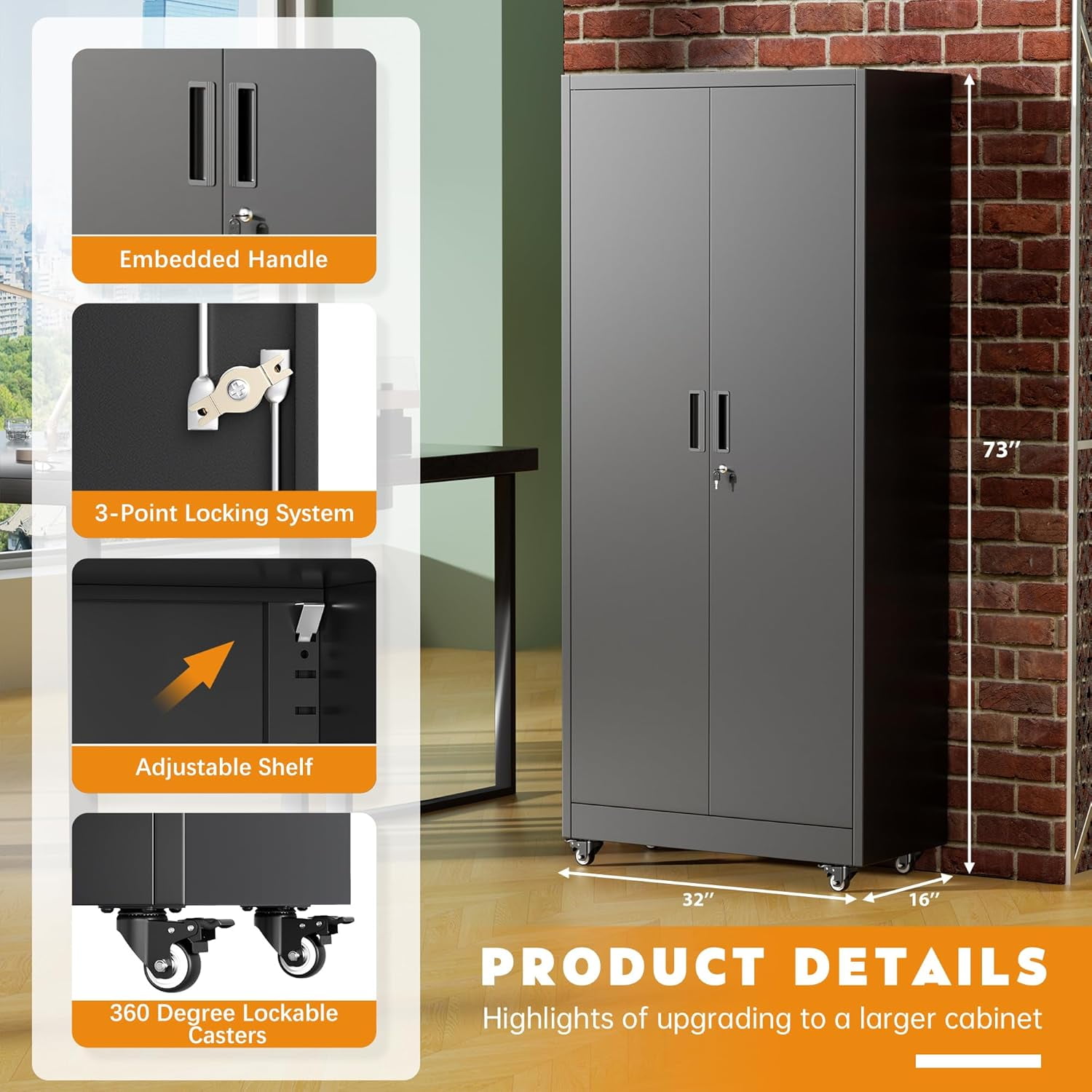 SUNCROWN 73" Storage Cabinet with Wheels,BlackMetal Rolling Garage Cabinet with Locking Doors and 4 Adjustable Shelves for Home,Kitchen,Office,Warehouse(32" W x 16" D)