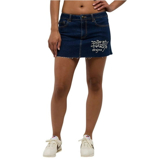 Ed Hardy Tattoo Collage Dark Denim Cutoff Mini Skirt - WEHD6000-14 (Dark Wash, M)