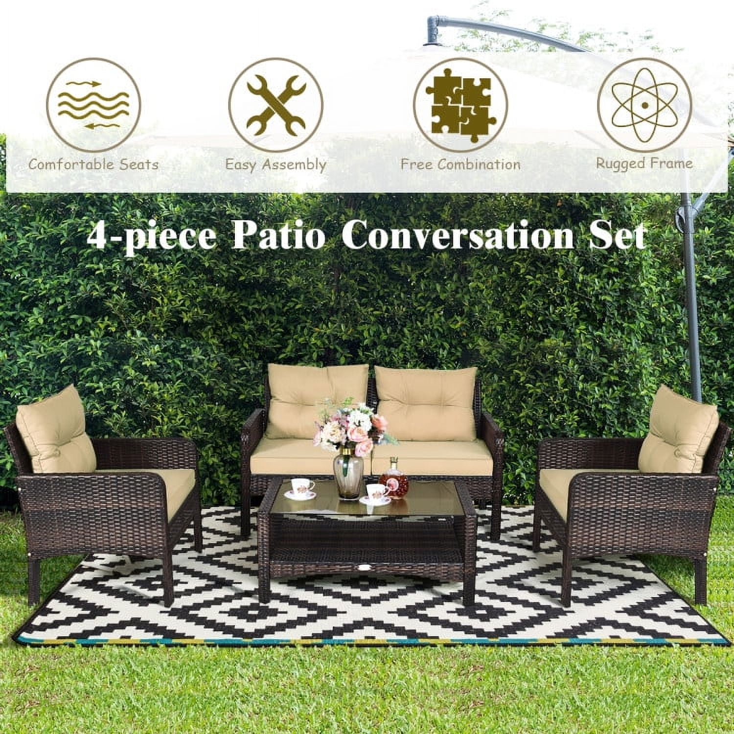Aimee Lii 4 Pieces Outdoor Rattan Wicker Loveseat Furniture Set with Cushions, Small Patio Set, Khaki Aimee Lii 4 Pieces Outdoor Rattan Wicker Loveseat Furniture Set with Cushions, Small Patio Set, Khaki