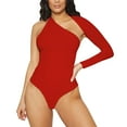 thumbnail image 3 of Aayomet Jumpsuits For Women Dressy Women Solid Color Backless Halter Neck Asymmetric Unilateral Long Sleeve Bodysuit,Red S, 3 of 5