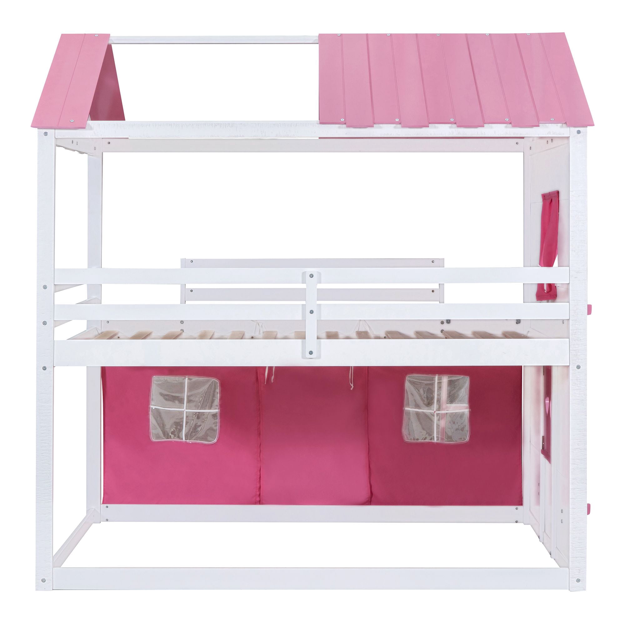 Aukfa Full over Full Bunk Bed with Tent and Roof, Wood Playhouse Bed for Kids, Pink