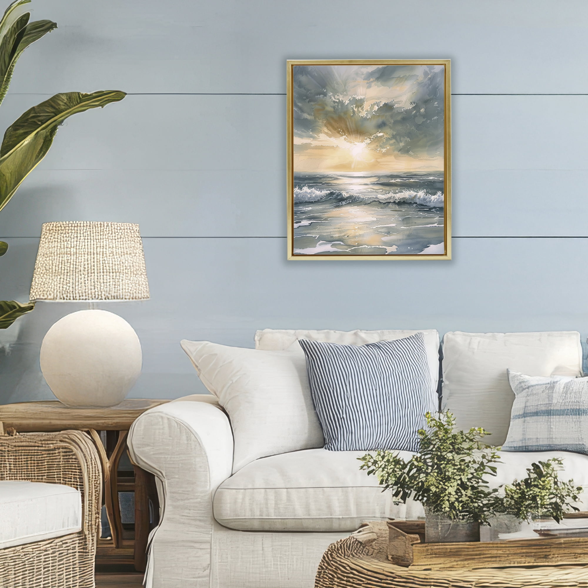 Stupell Industries Sunlit Waves Golden Reflection Gold Framed Floater Canvas Wall Art, design by Petal Prints Design