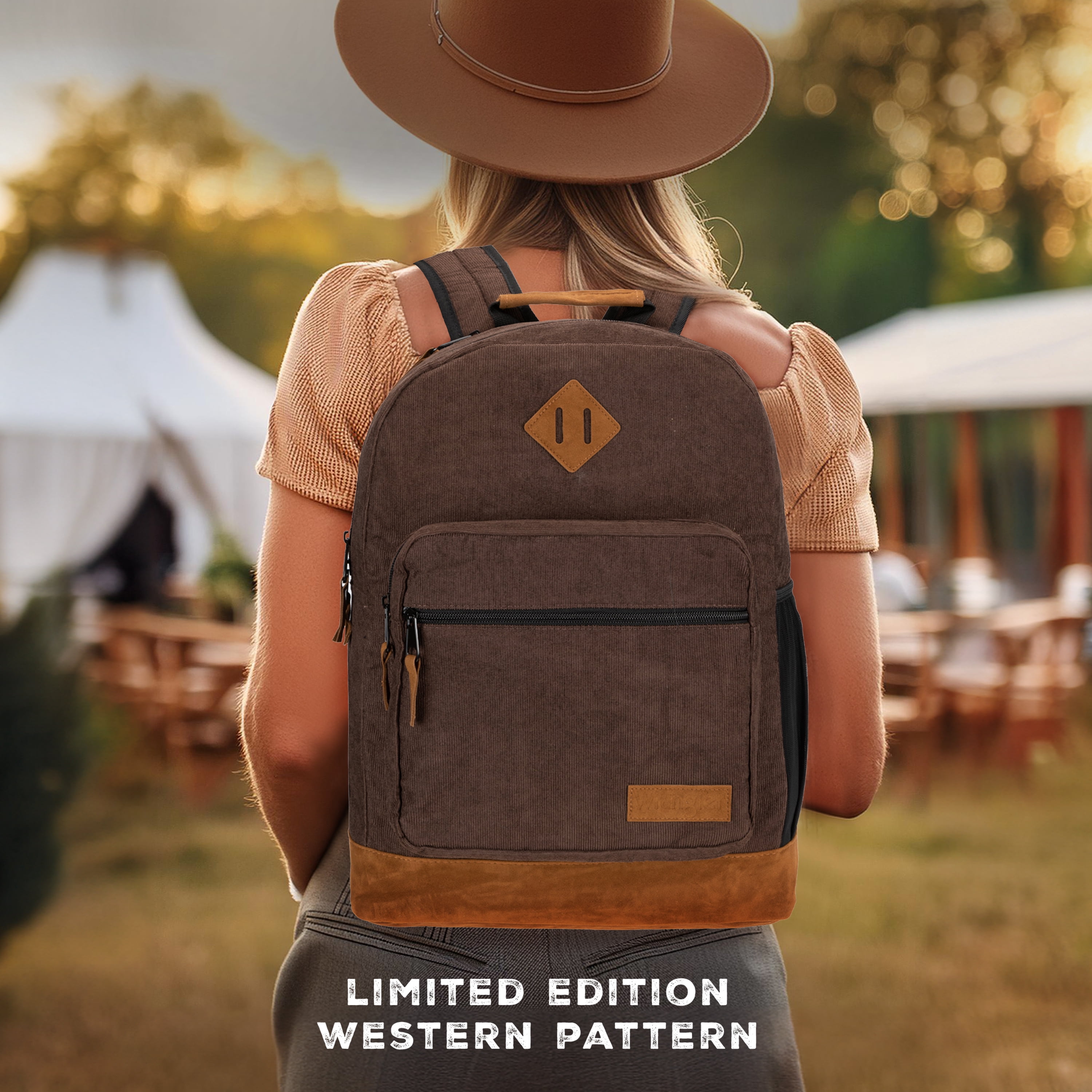 Wrangler Yellowstone Backpack, Classic Logo Resistant Padded Sleeve, All Ages, Dark Brown Cord