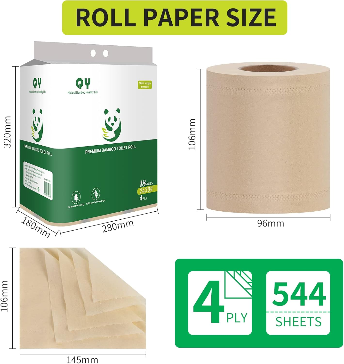 Bamboo Toilet Paper, 4-Ply, 18 Rolls, 200 Sheets Per Roll, Total 3600 Sheets, Unbleached, Sustainable and Tree Free, Soft, Strong, Earth-Friendly