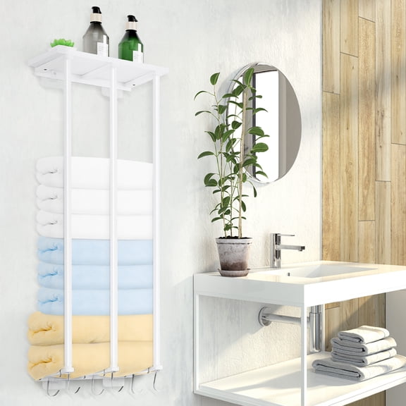 White 2-in-1 Wall Mounted Towel Rack with Shelf & Hooks, Over The Door or Wall Hanging Organizer for Bathroom, Laundry Room