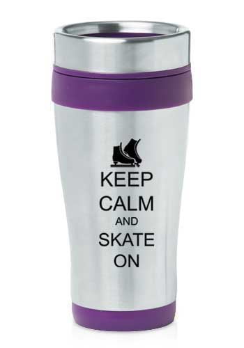 Purple 16oz Insulated Stainless Steel Travel Mug Z1391 Keep Calm and Skate On Ice Skates by