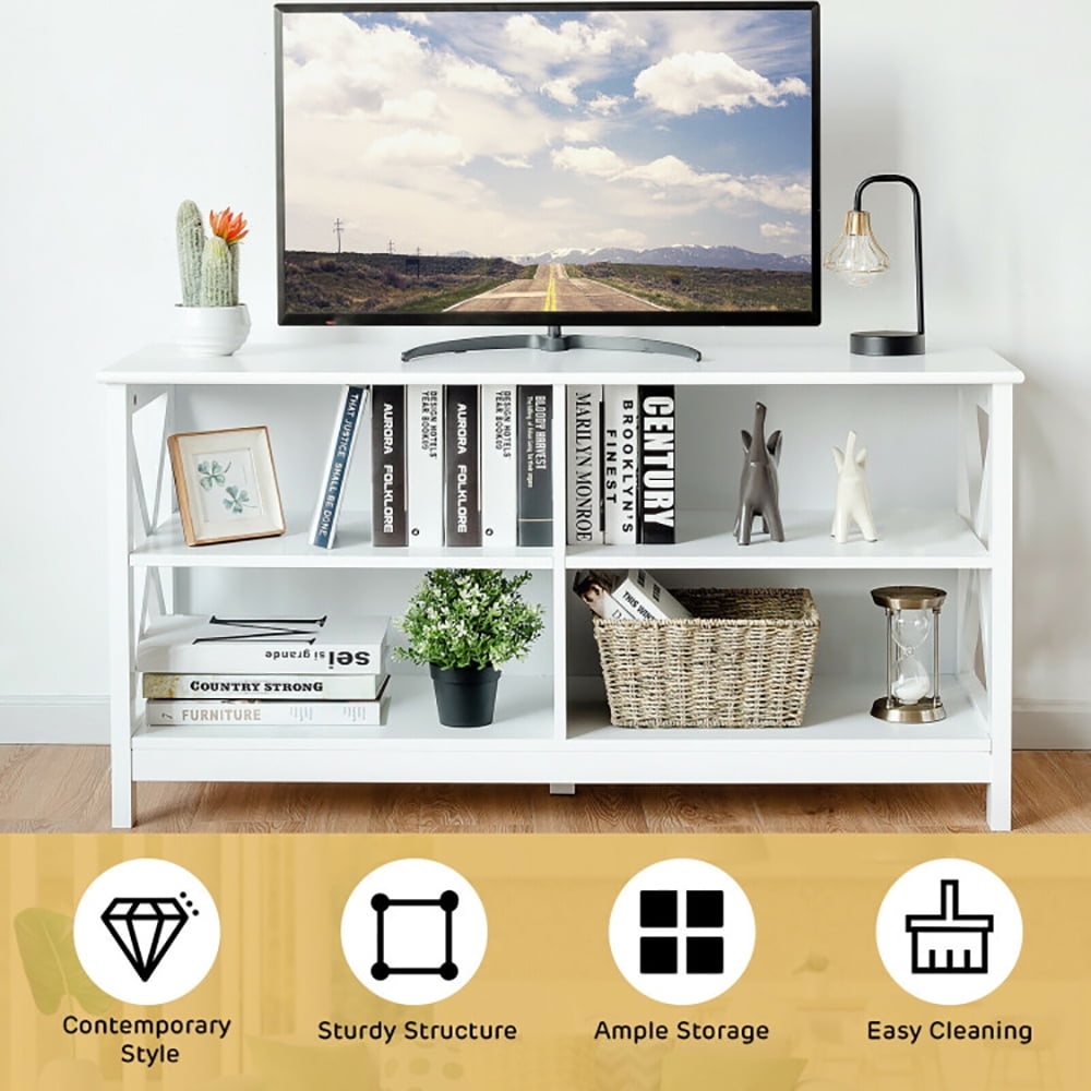 Finihen TV Stand, TV Cabinet, Wooden TV Stand Entertainment for TVs up to 55 Inch with X-Shaped Frame, Media Entertainment Center with Storage, for Living Room, Bedroom, White