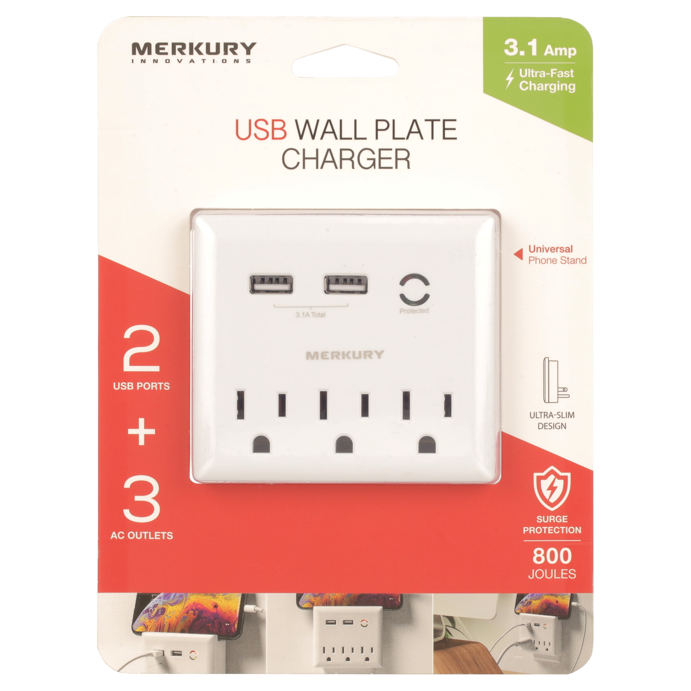 Merkury Innovations  Amp USB Wall Charger 3-Outlet Extender with 2 USB  Charging Ports and Phone Stand, White 