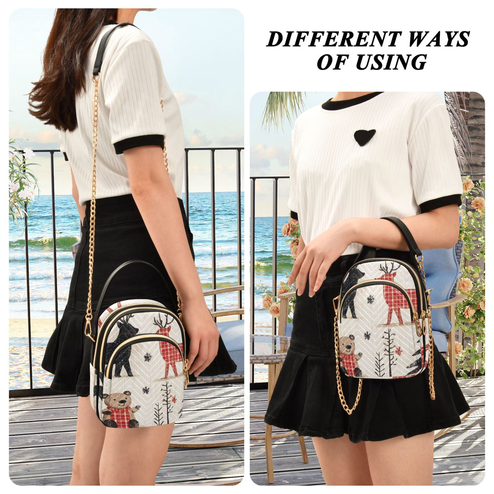 FORMRS Crossbody Bag for Women Quilted Travel Shoulder Cell Phone Purse with Chain Strap Handbag, Retro Christmas Forest