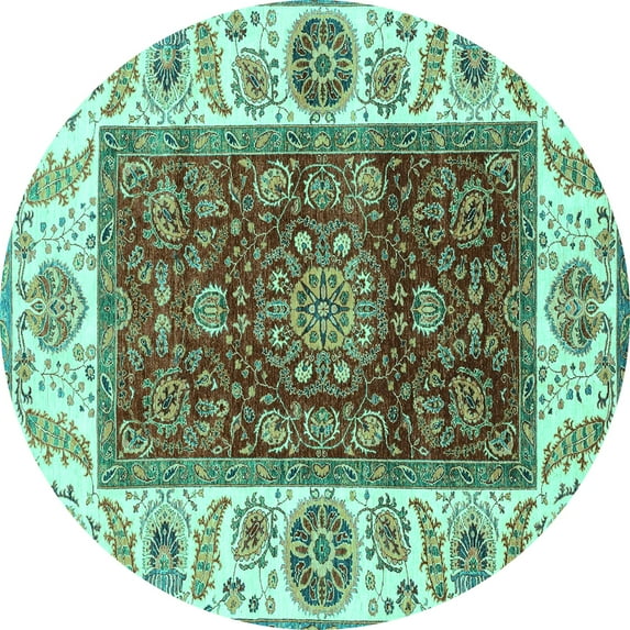 Ahgly Company Machine Washable Indoor Round Abstract Turquoise Blue Modern Area Rugs, 3' Round