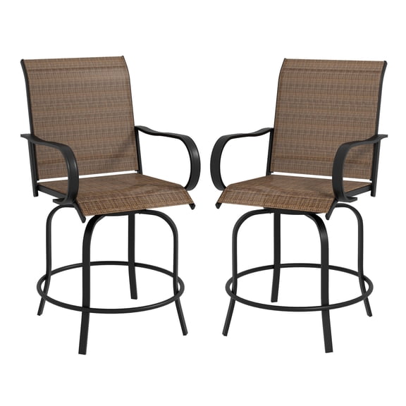 Outdoor Bar Stools with Armrests, Set of 2 360° Swivel Bar Height Patio Chairs with High-Density Mesh Fabric, Steel Frame Dining Chairs for Balcony, Poolside, Backyard, Tan