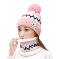 thumbnail image 1 of 2Pcs/Set Women Hat Neck Warmer Knitted Star Label Geometry Pattern Pompom Stretchy Ear Head Neck Protection Thickened Winter Thermal Beanie Cap Scarf Kit for Riding, 1 of 10