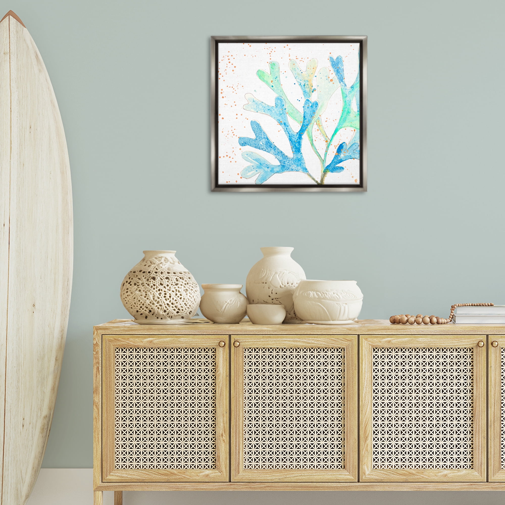 Stupell Industries Modern Blue Coral Coastal Painting Gray Floater Framed Canvas Art Print Wall Art, 25 x 25