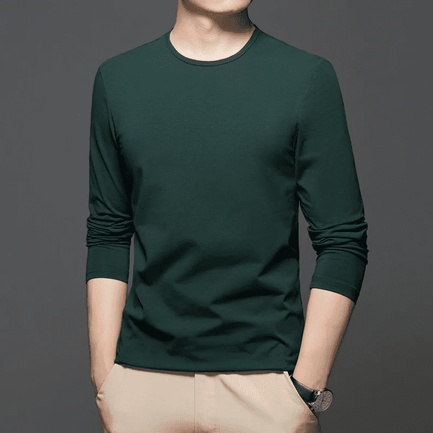 Camiseta de manga larga de algodón blanca para hombre, primavera y otoño de 2024, informal, con cuello redondo interior, capa base para hombre