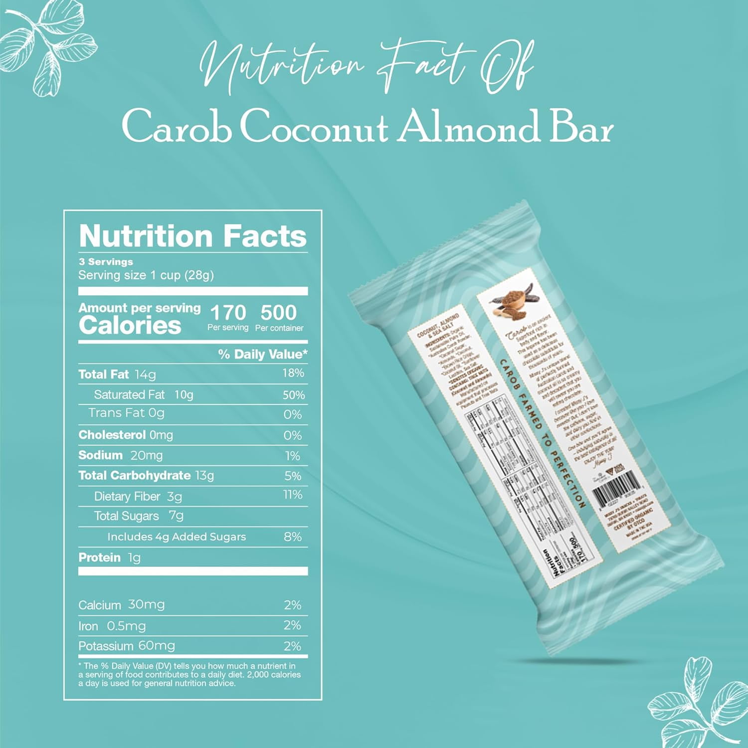 Missy J’s Organic Carob Coconut Almond Candy Bar Healthy Snack Low Calorie Snacks 12 Pack