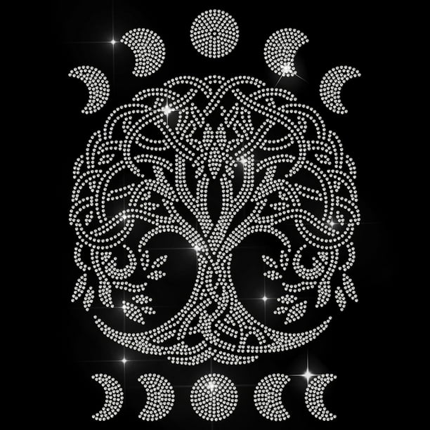 Parche de transferencia de calor para reparar ropa con diseño de árbol de la vida, con cristales de imitación termoadhesivos, fases lunares