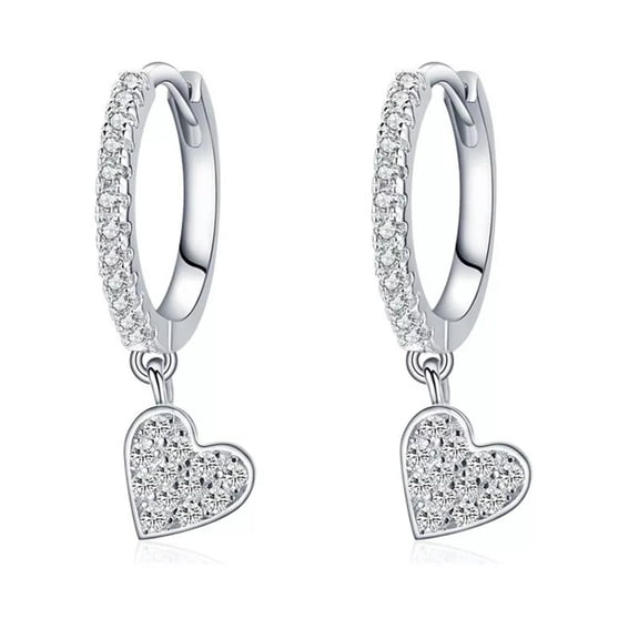 HOOUN S925 Solid Sterling Silver Sparkle Zirconia Heart Charm Hoop Earrings Women Gift