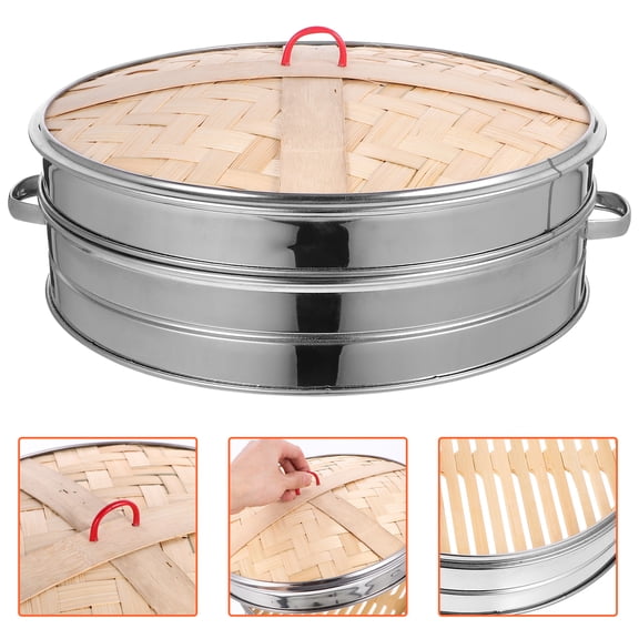 LIOOBO Stainless Steel and Bamboo Steamer Basket, Plated Silver, for Kitchen Use