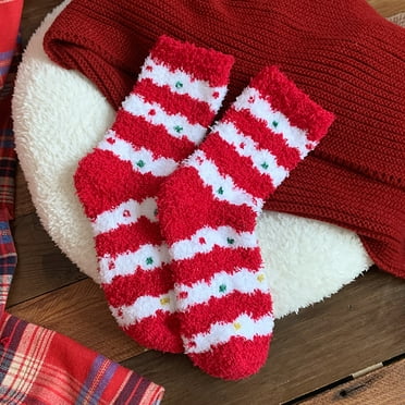 Zhuge 2 Pair Christmas Fuzzy Socks for Women Girls Gifts Cute Fun Cozy Fluffy Winter Warm Slipper Xmas Holiday Socks，Christmas stripes