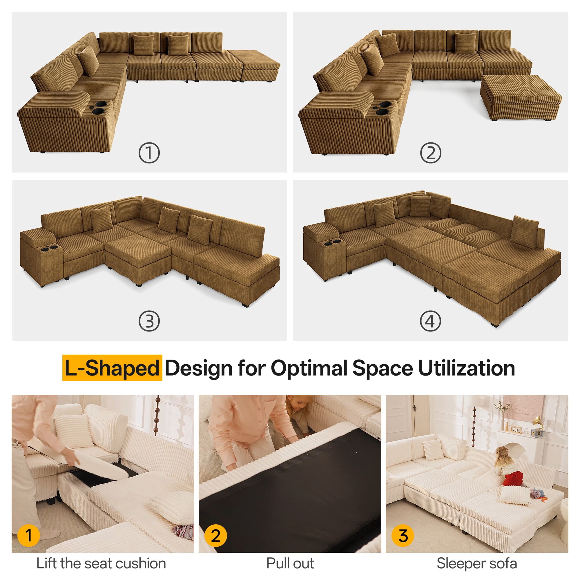LLappuil 110" Sectional Sofa, Modular Sectional Couch Convertible Sofa Bed, 7 Seat Corduroy Sofa Couch with Movable Ottoman, Hidden Armrest Storage & USB Charging Ports Camel