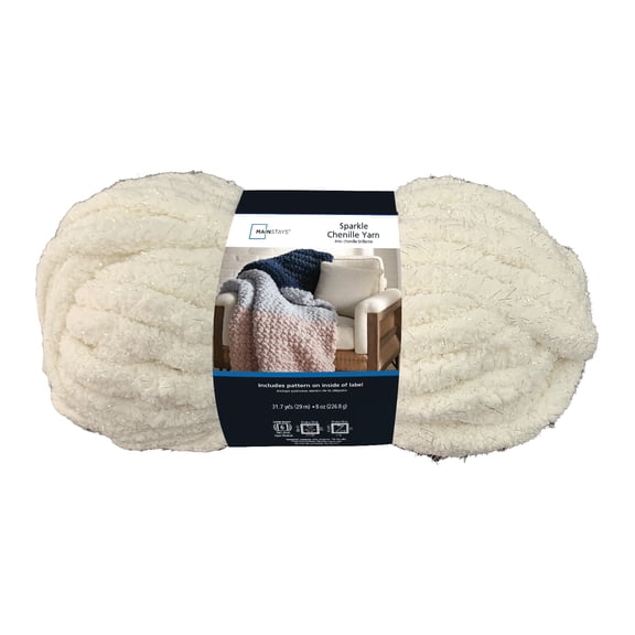 Mainstays Chunky Sparkle Chenille Yarn, 31.7 yd, Vanilla Dream, 100% Polyester, Super Bulky