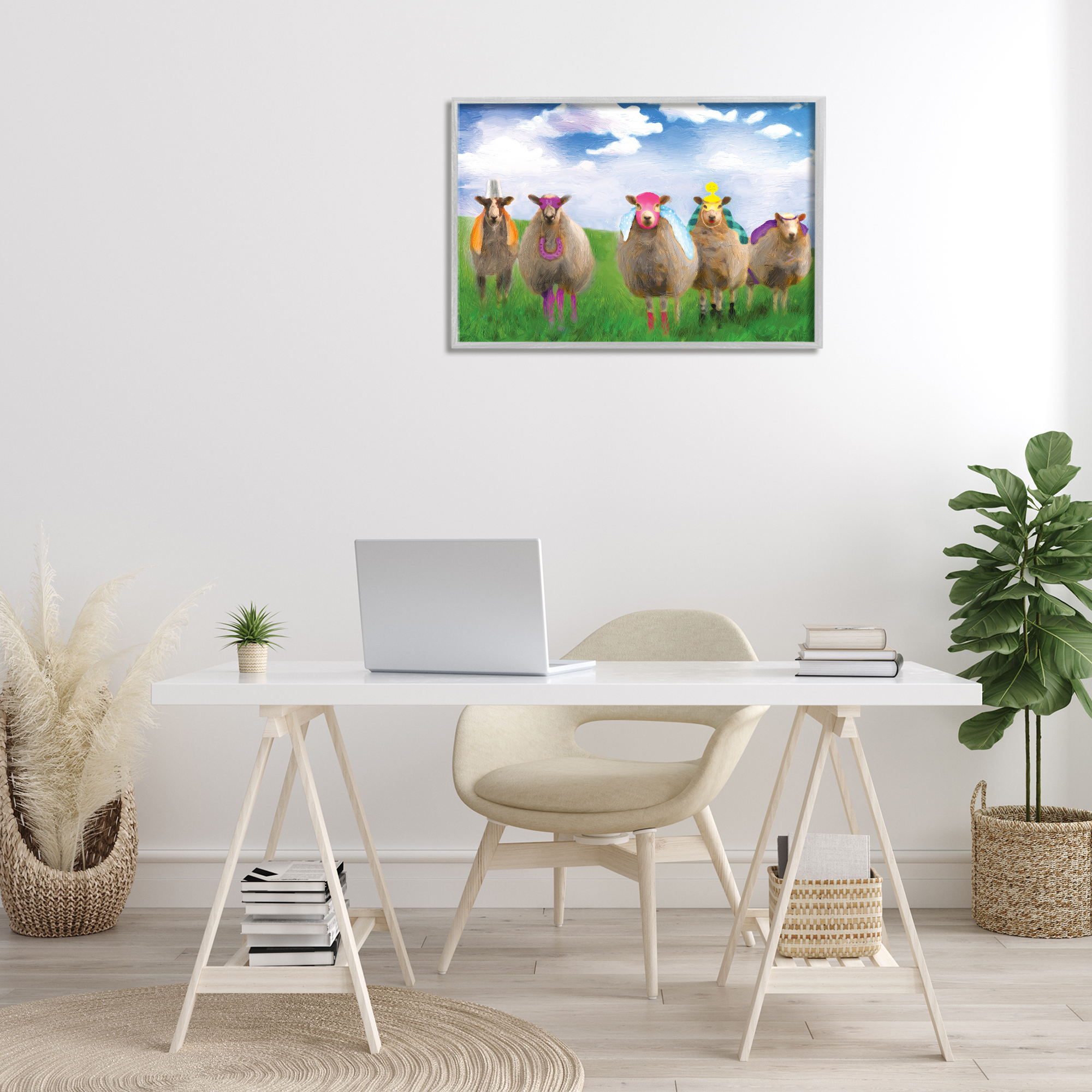 Stupell Industries Superhero Sheep in Field Animals & Insects Painting Gray Framed Art Print Wall Art, 30 x 20