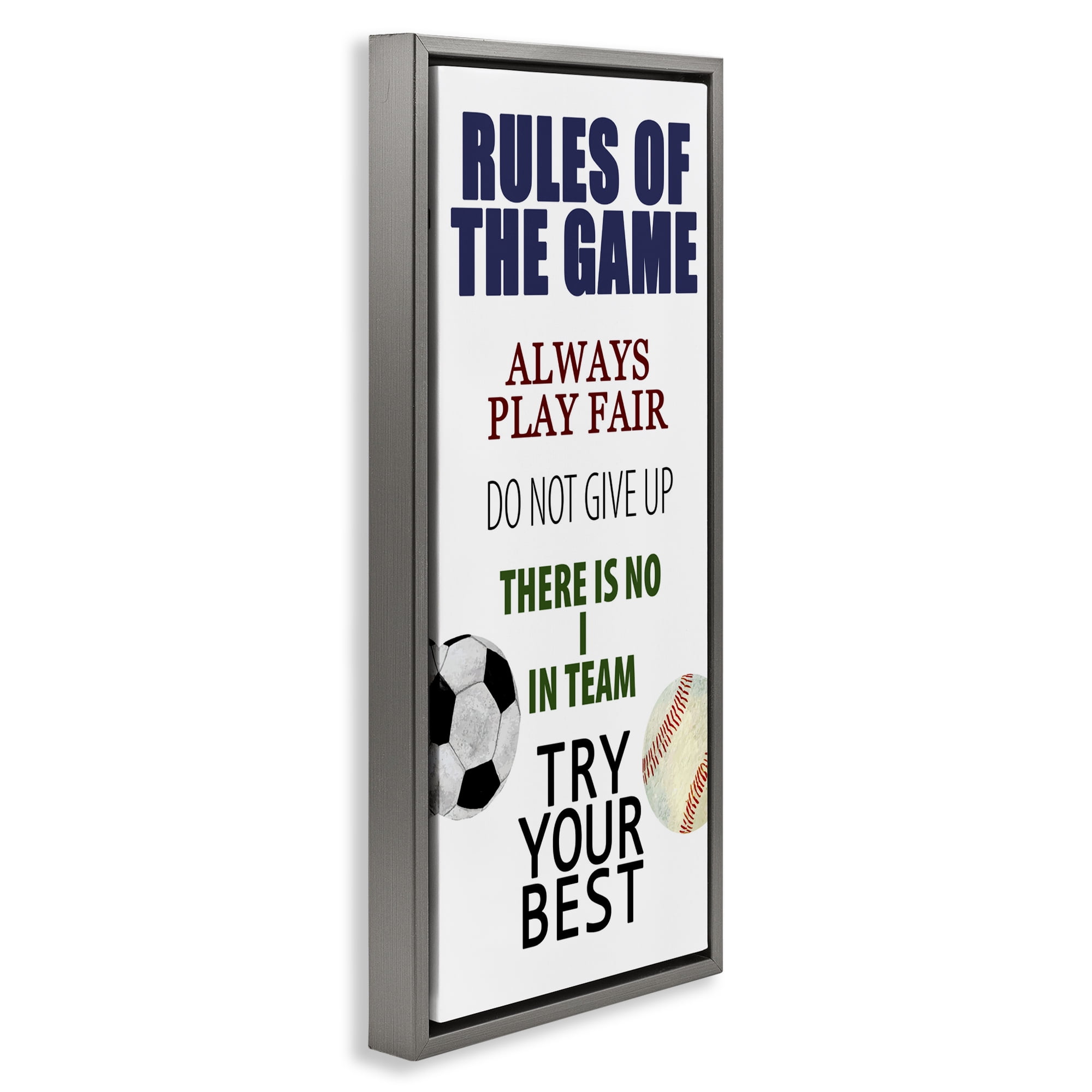 Fun Teamwork Rules of Game Gray Framed Floater Canvas Wall Art, design by Kim Allen