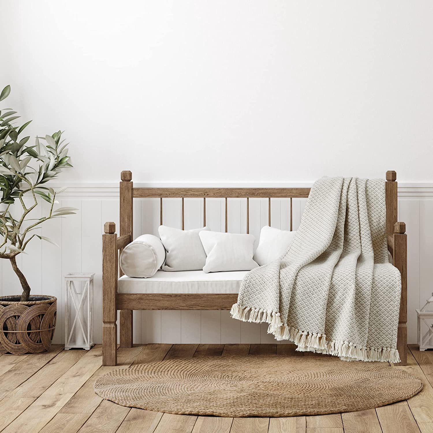 Americanflat 50x60 Throw Blanket, 100% Cotton with Fringe, Cream Beige Birds Eye, all seasons blanket