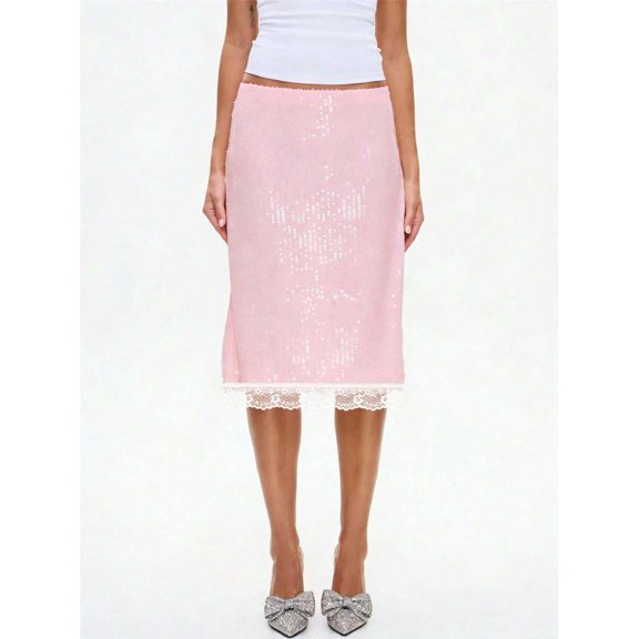 Pink Sequin Midi Skirt With Lace Trim A-Line Stretch Pencil Skirt