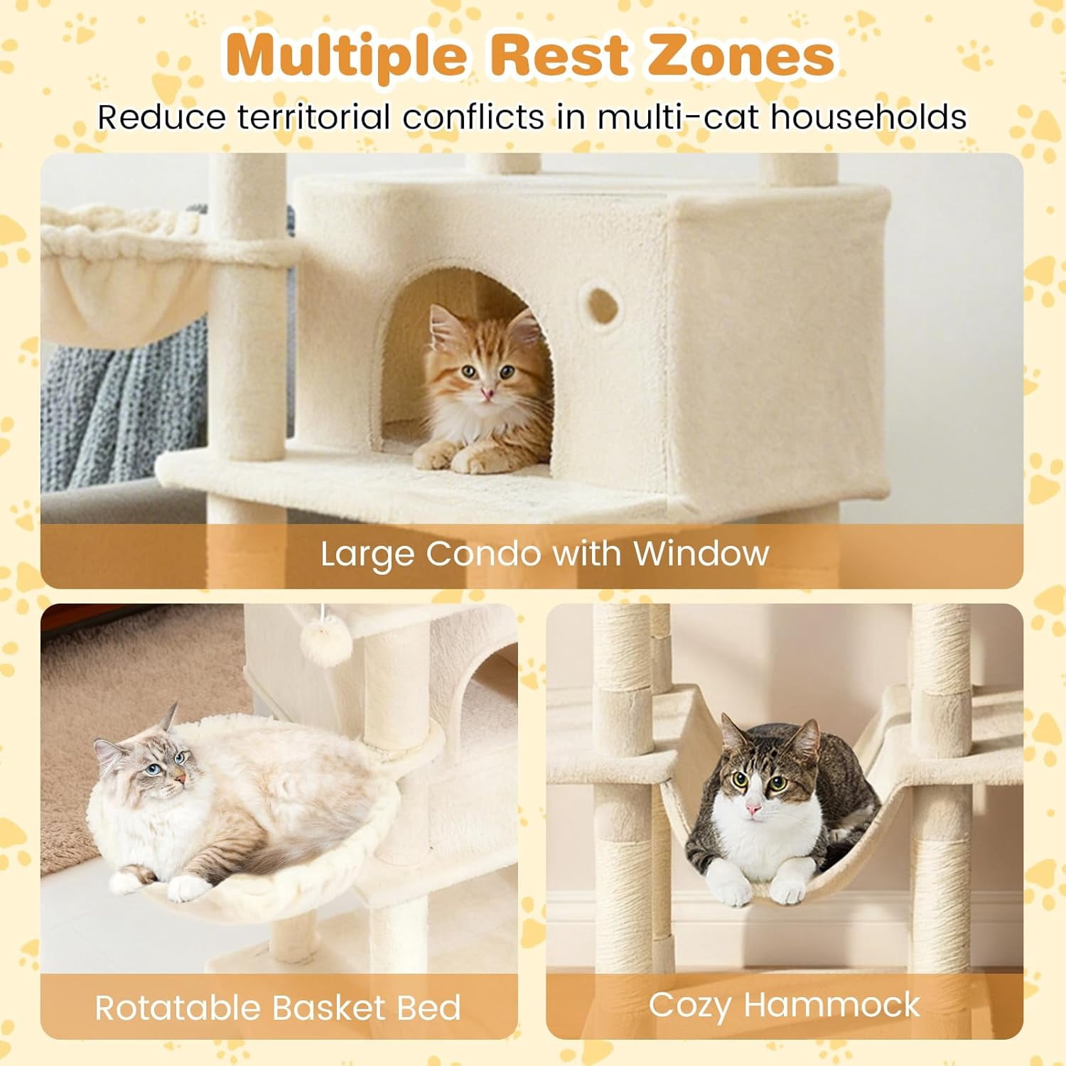 LEHOME Tall Cat Tree, 63 Inch Large Cat Tower with Sisal Scratching Posts, Plush Top Perch, Condo, Hammock, Basket Bed, Dangling Balls & Jumping Platforms for Indoor Cats Large Adult (Beige)