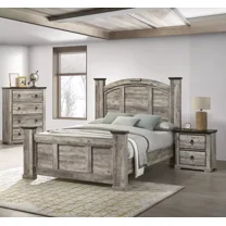 Rustic Gray Poster Queen Size 3pc Bed Set Storage Chest Nightstand Furniture