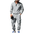 thumbnail image 2 of Handshe Men's Fleece-Lined Sweatsuit Set, Solid Color Half-Zip with Zipper Pockets, Casual Cargo Sweatpants and Long Sleeve Stand Collar Cardigan for Daily Wear and Outdoor Activities, 2 of 9