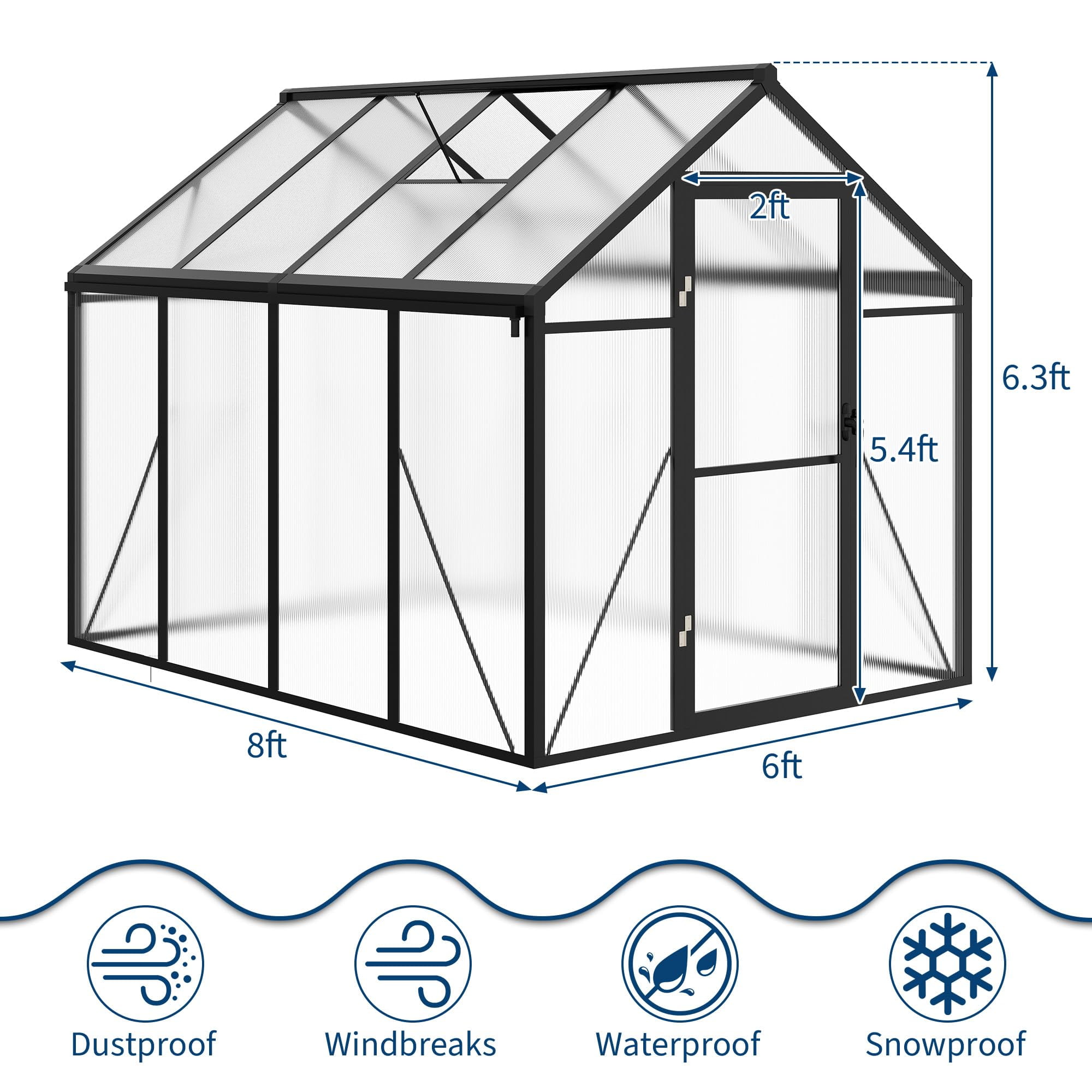 6x8 FT Greenhouse, Easy Assembly Aluminum Polycarbonate Outdoor Greenhouse with Roof Vent, Ground Nails, Heavy Duty Walk-in, Lockable, Black
