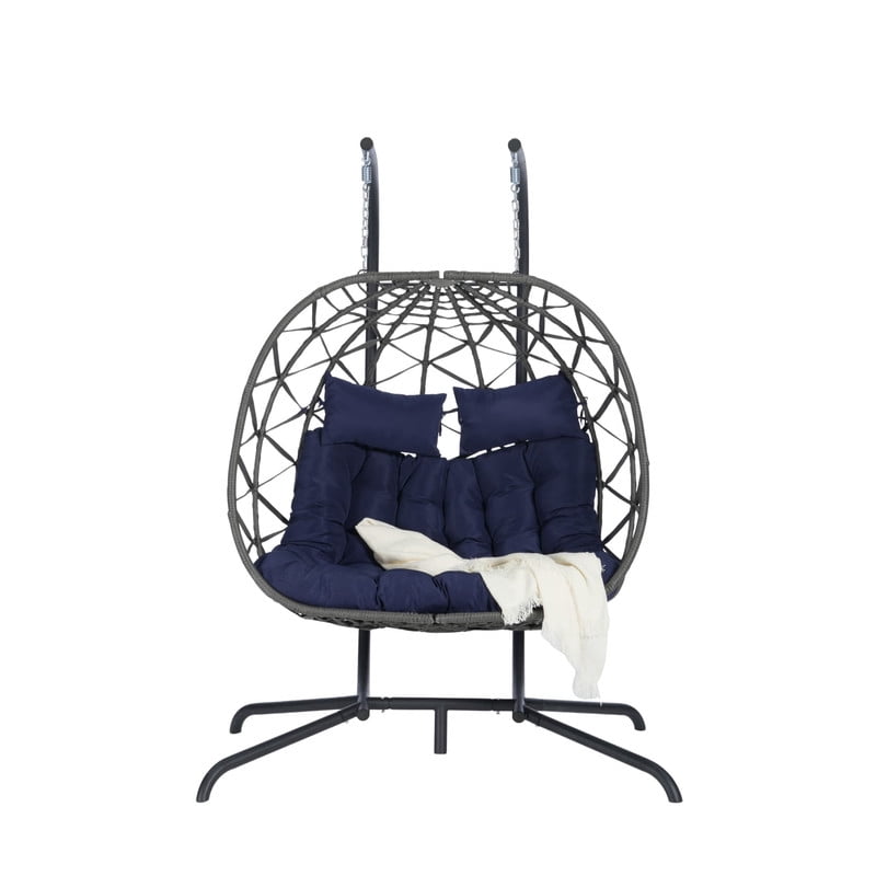 Double Swing Egg Chair with Stand,2 Person Indoor Outdoor Wicker Loveseat, Oversized Patio Hanging Basket Chair with Cushions, Cozy Sturdy Porch Swing for Backyard