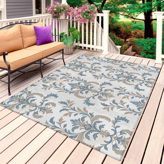 Blue Tan Flower Outdoor Rug for Patio/Deck/Porch, Non-Slip Large Area Rug 5 x 7 Ft, Abstract Vintage Ethnic Tribal Boho Indoor Outdoor Rugs Washable Area Rugs, Reversible Camping Rug Carpet Runner