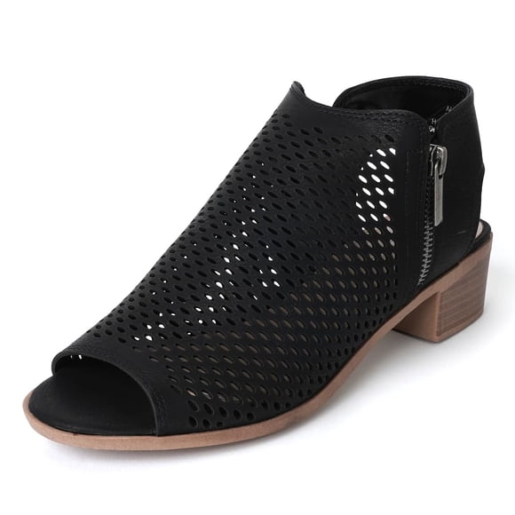 J. Adams Tracy Perforated Flat Bootie - Casual Open Toe Low Heel - Cut Out Shoe, Black Pu, 8