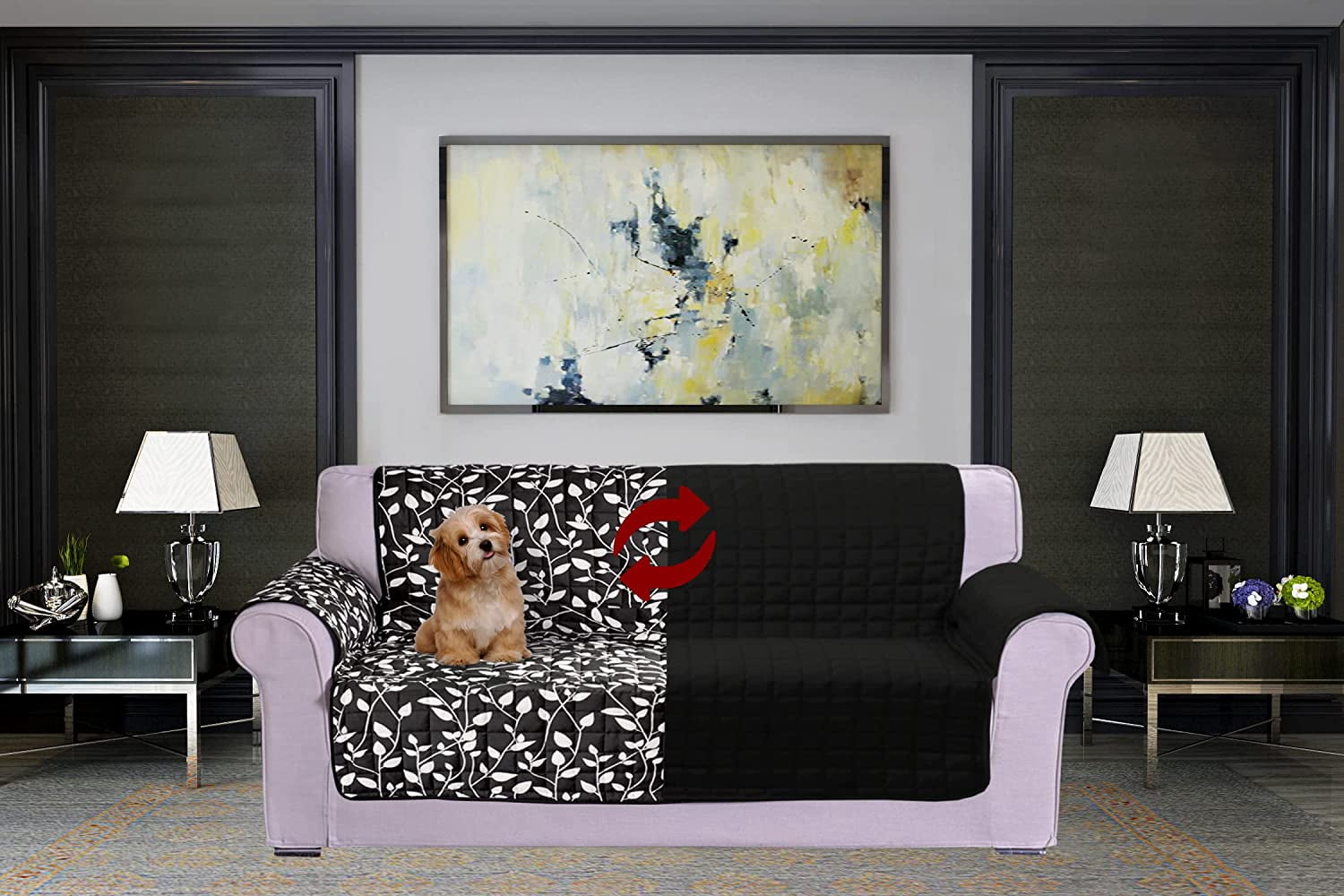 Mocassi Reversible Sofa Slipcover Water Resistant Furniture Protector Pet Couch Covers Smart Leaf Oversized Sofa, Black