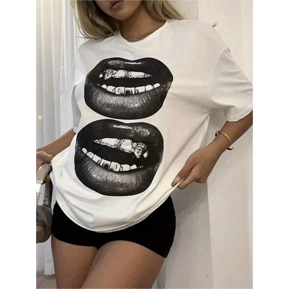 Oversized Casual Round Neck Short Sleeve Tee With Teeth & Lip Graphic, Loose Fit Cotton Pullover T-Shirt For Women, Summer