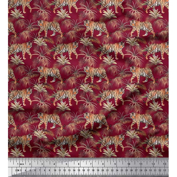 Soimoi Polyester Crepe Fabric Leaves & Tiger Jungle Print Fabric by The Yard 52 Inch Wide