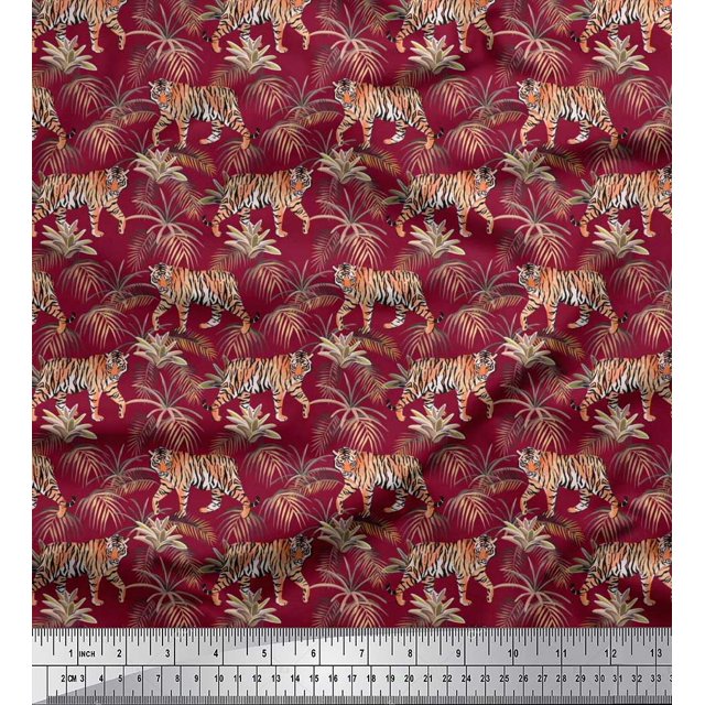 Soimoi Poly Georgette Fabric Leaves & Tiger Jungle Printed Fabric 1 Yard 52 Inch Wide