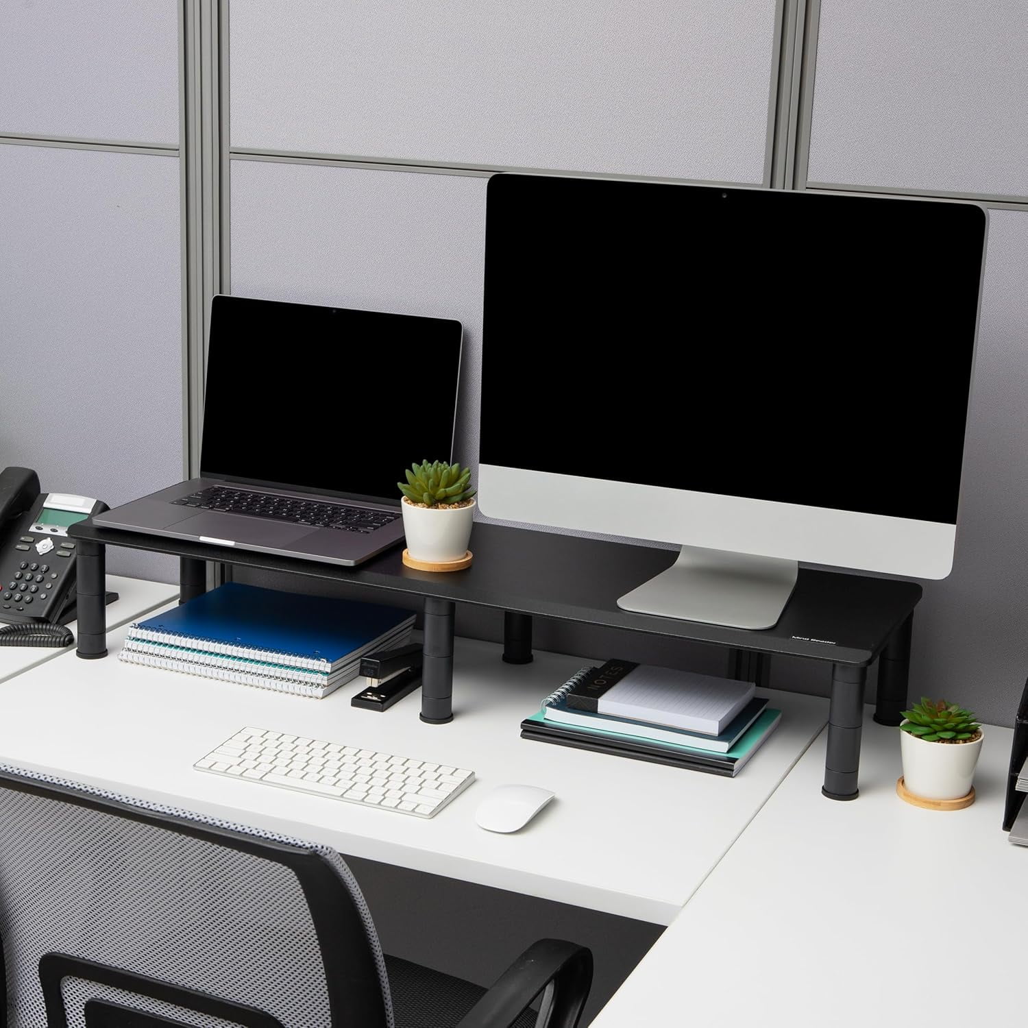 Dual Monitor Stand Height Adjustable Desktop Organizer with Laptop Riser for Office Use Black