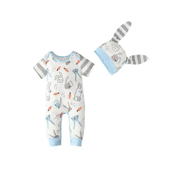 Seyurigaoka Easter Toddler Boys Striped Patchwork Jumpsuit Long/Short Sleeve Rabbit Print Romper + Cartoon Hat