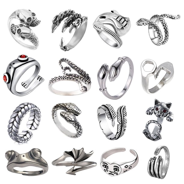 Juego De Anillos Punk Vintage De 16 Piezas Anillo Abierto De Animal Lindo Anillos Apilables Góticos Para Mujeres, Hombres Y Niñas Yuarrent AP007681-02