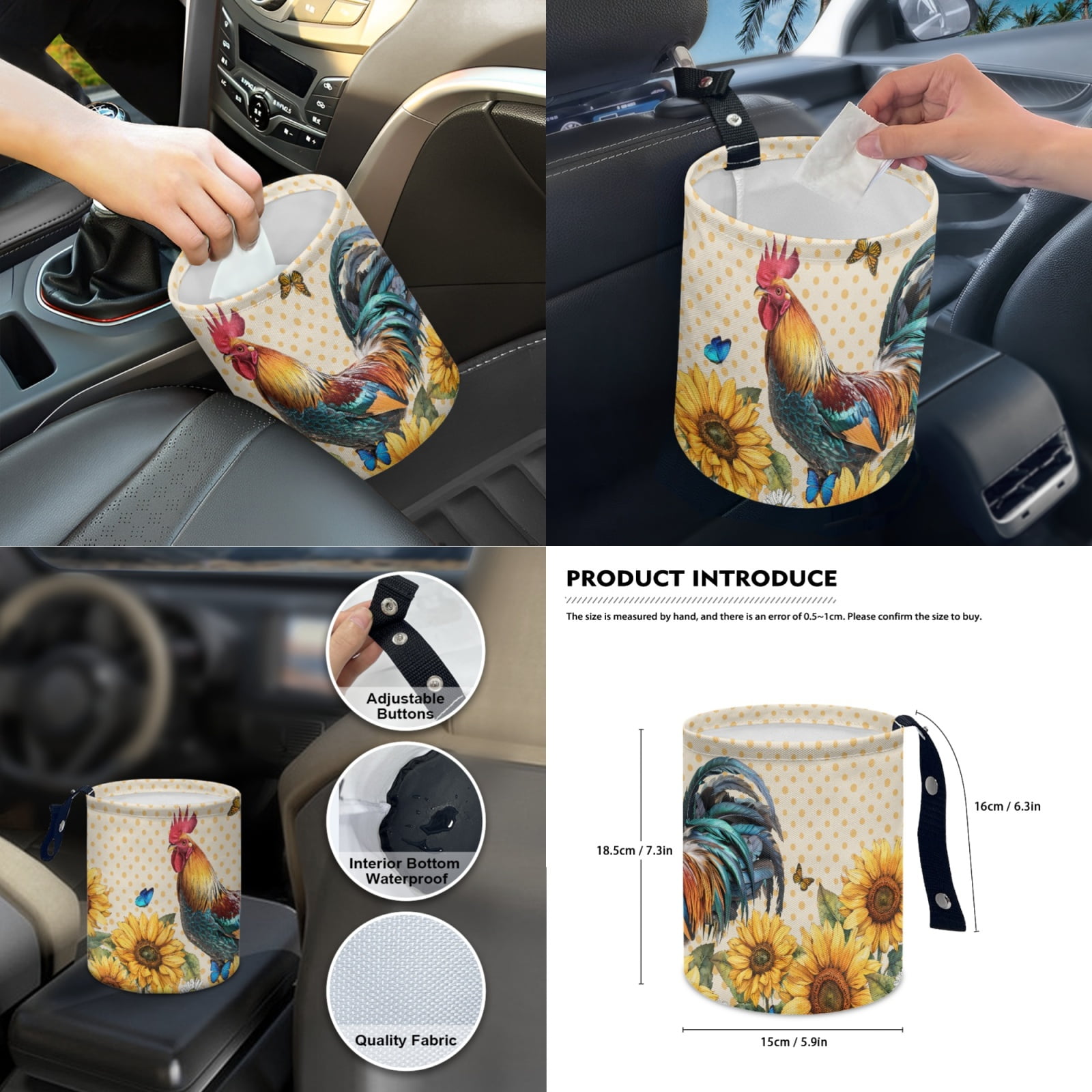 Yuyamidu 14 PCS Chicken Car Seat Cover Set Sunflower Auto Steering Wheel Cover Seat Belt Pad Cup Holder Trash Bag Gear Shift Knob Cover Set Rear View Mirror Cover Auto Armrest Cover