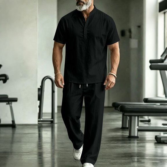 Ceisia Men's Linen Blend Henley Short Sleeve Shirt And Elastic Waist Pants 2 Piece Outfit Black L Gift