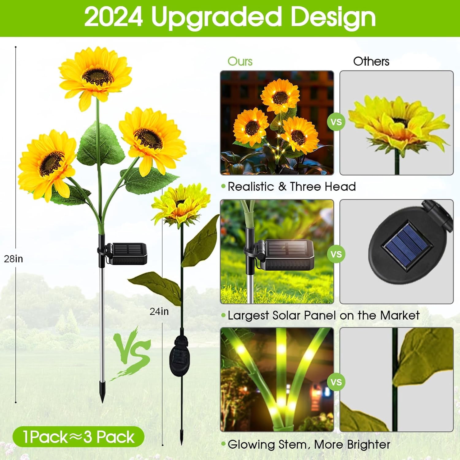 Solar Lights Outdoor Garden Decor, 2Pack Solar Garden Lights with 6 Sunflower & Luminous Stems, Waterproof Solar Outdoor Lights Auto ON/Off Solar Decorative Lights for Garden, Patio, Backyard