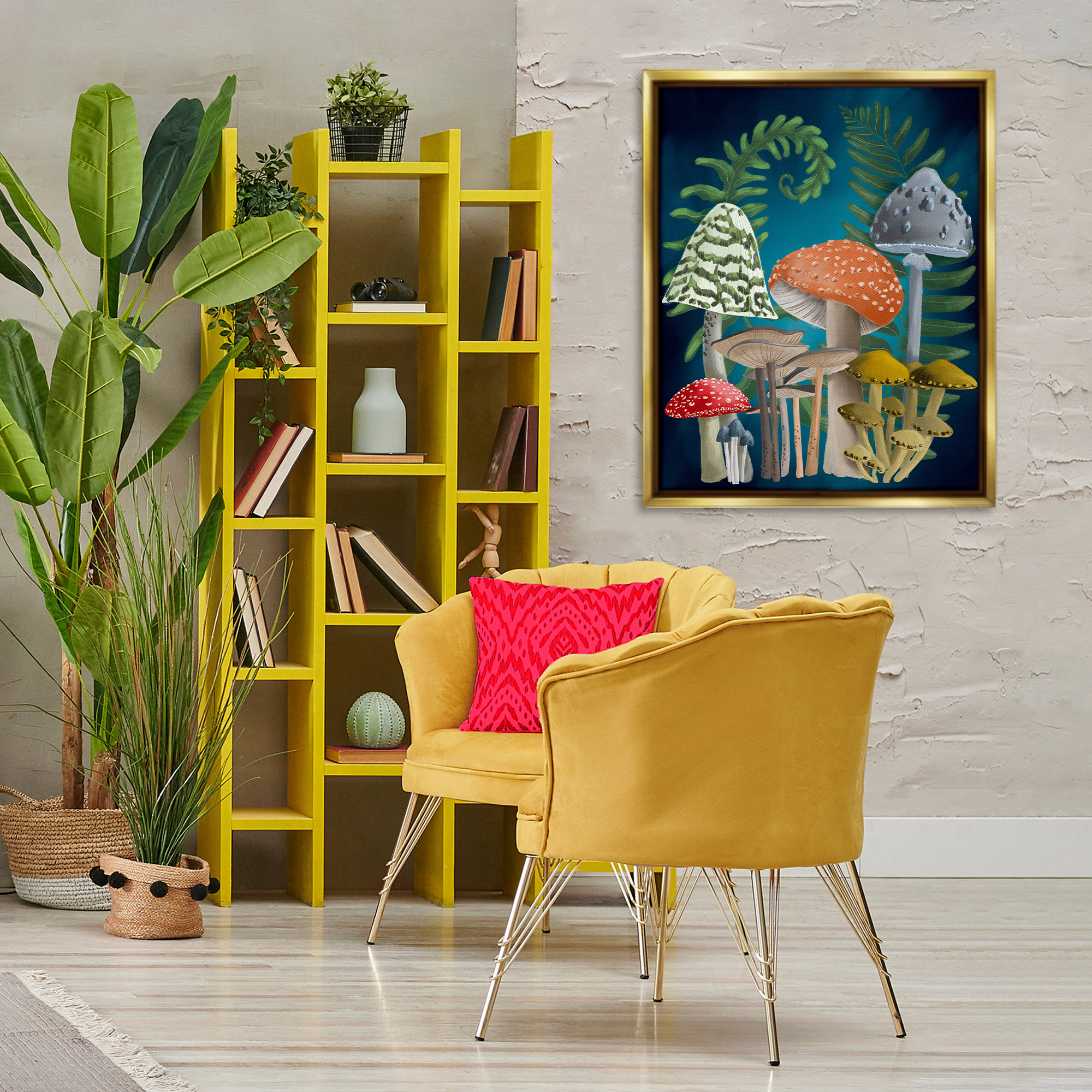 Stupell Industries Curling Ferns & Mushrooms Botanical & Floral Painting Gold Floater Framed Art Print Wall Art, 25 x 31
