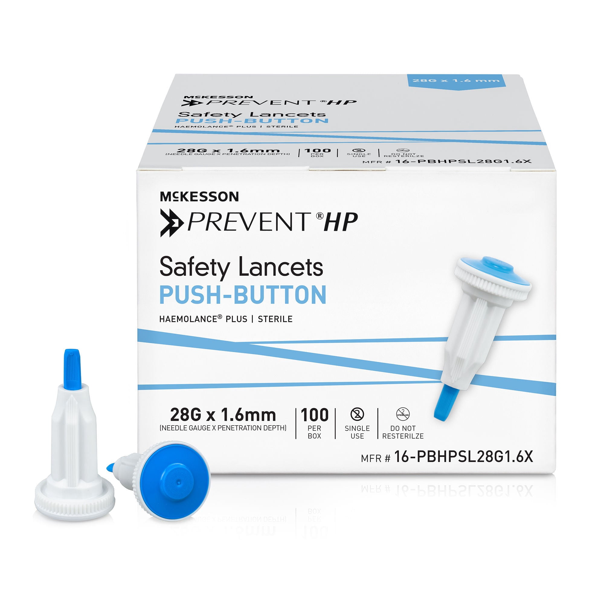 McKesson Prevent HP Safety Lancet, Retractable, Pressure-Activated Finger Device, Sterile - Ideal for Blood Testing - Single Use, 28 Gauge, 1.6 mm Depth, 100 Count, 1 Pack