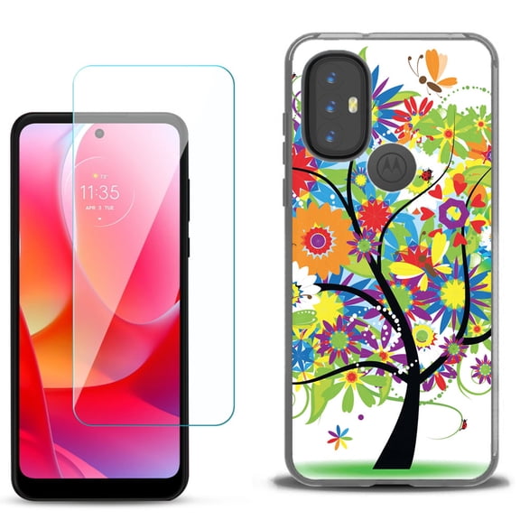 Slim-Fit Gel TPU Phone Case for Motorola Moto G Power 2022, with Tempered Glass Screen Protector, by OneToughShield ® - Colorful Tree