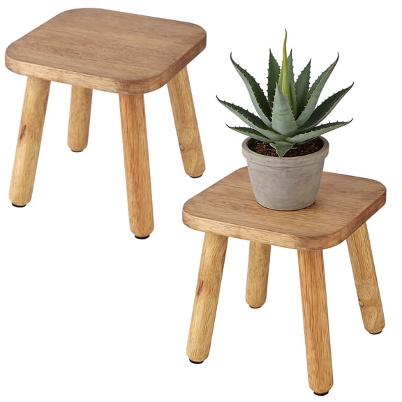 2 PCS Solid Wooden Step Stool with 4 Legs, 9.5 in Small Square Wood Stool for Plants and Home Use, Detachable Wood Leg Stool Side Table for Kitchen Bathroom Bedroom Living Room